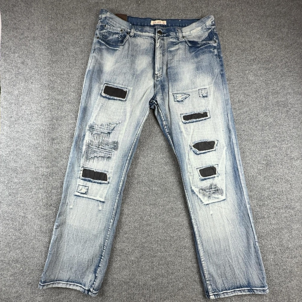 GS115 Jake Jeans Mens 42x32 Light Wash Blue Slim Fit Straight Distressed Denim